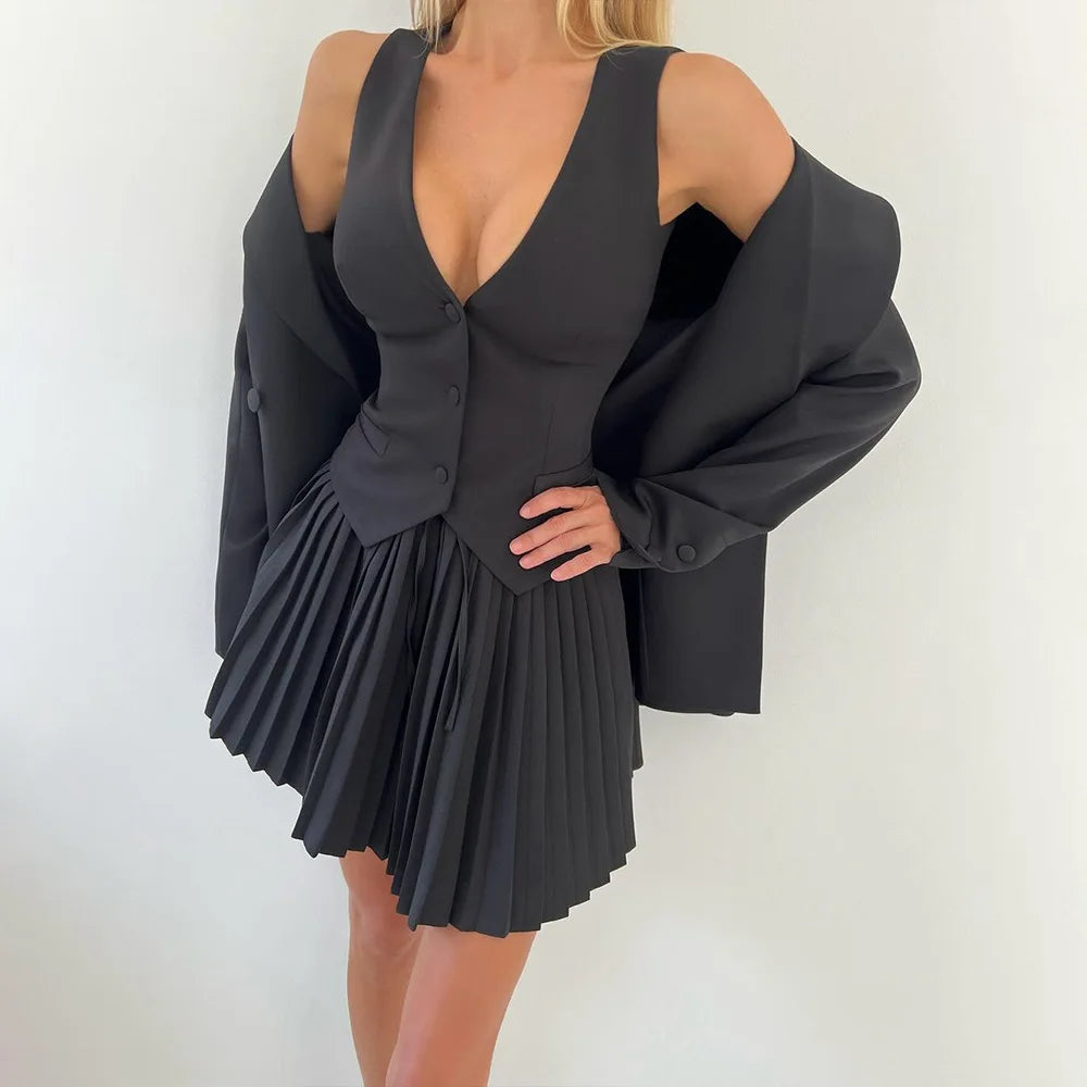 Women's Popular Skirt Two Piece Sets Women V Neck Single-breasted Vest Tops Pleated Curvy Chic Mini Dress Elegant Clothes Fall