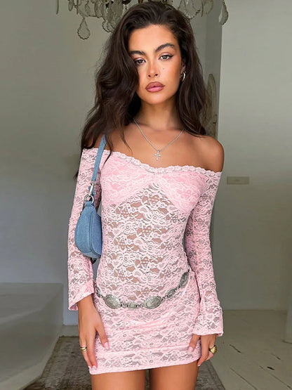 Townlike Perspective Lace Sexy Party Dress Women Off Shoulder Mini 2024 Autumn Winter Dress Slim Bodycon Dresses Vestidos