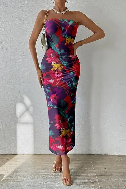 Summer Women Sexy Chestless Hem Slit Sleeveless Printed Dress