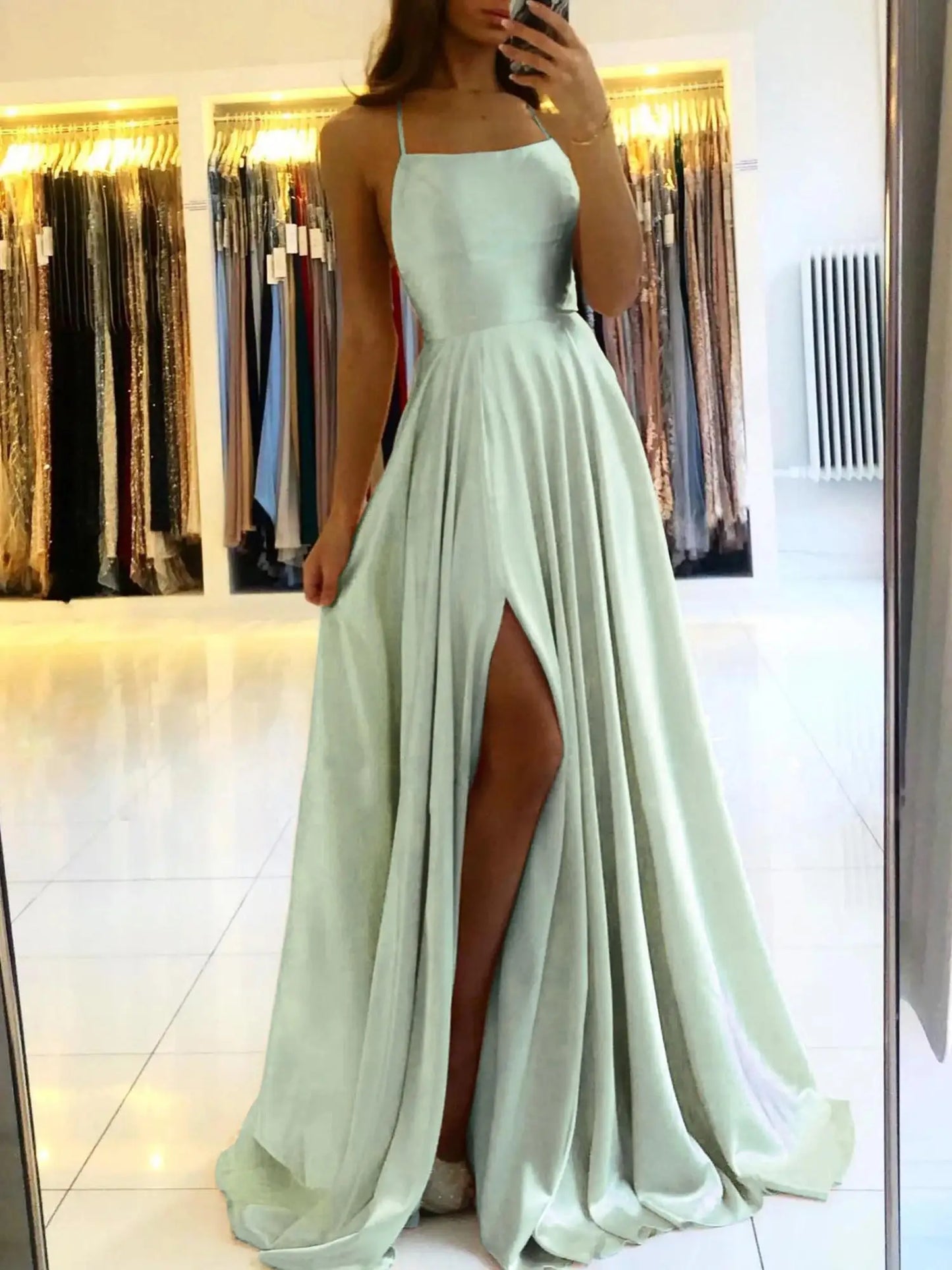 MisShow Sage Green Cowl Neck Summer Beach Women Dress Sexy Spaghetti Straps Leg Slit Satin Maxi Dresses for Female Casual Party