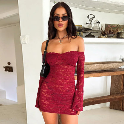 Townlike Perspective Lace Sexy Party Dress Women Off Shoulder Mini 2024 Autumn Winter Dress Slim Bodycon Dresses Vestidos