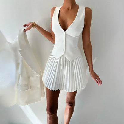 Women's Popular Skirt Two Piece Sets Women V Neck Single-breasted Vest Tops Pleated Curvy Chic Mini Dress Elegant Clothes Fall