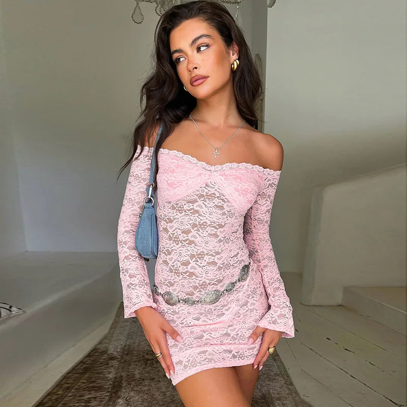 Townlike Perspective Lace Sexy Party Dress Women Off Shoulder Mini 2024 Autumn Winter Dress Slim Bodycon Dresses Vestidos