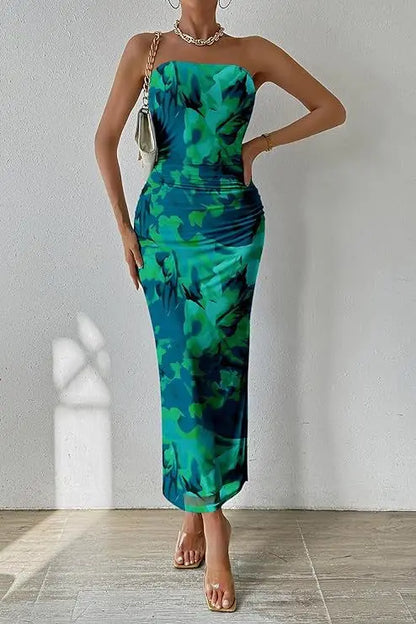 Summer Women Sexy Chestless Hem Slit Sleeveless Printed Dress